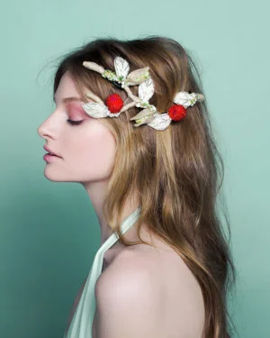 raspberry and pistachio tart headpiece by Tami Bar-Lev