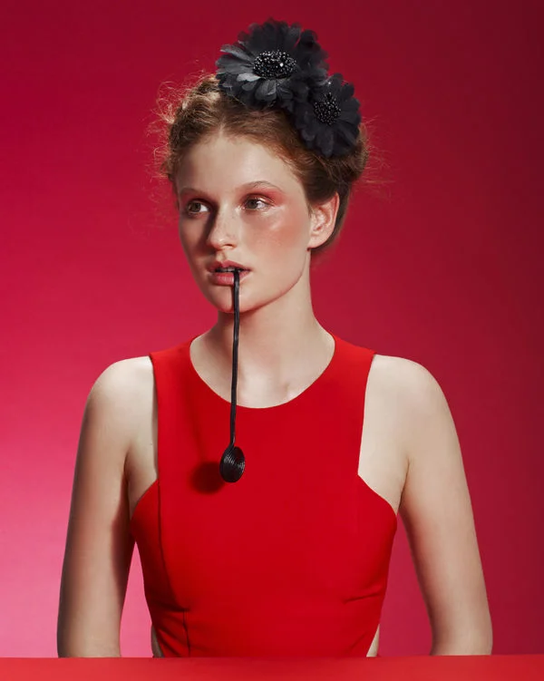 'Black ‘Martyr’ Gerbera Duet' Headpiece by Tami Bar-Lev
