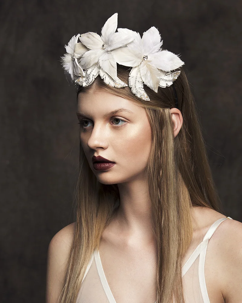 'Alula' - Flower and feather bridal headpiece by Tami Bar-lev